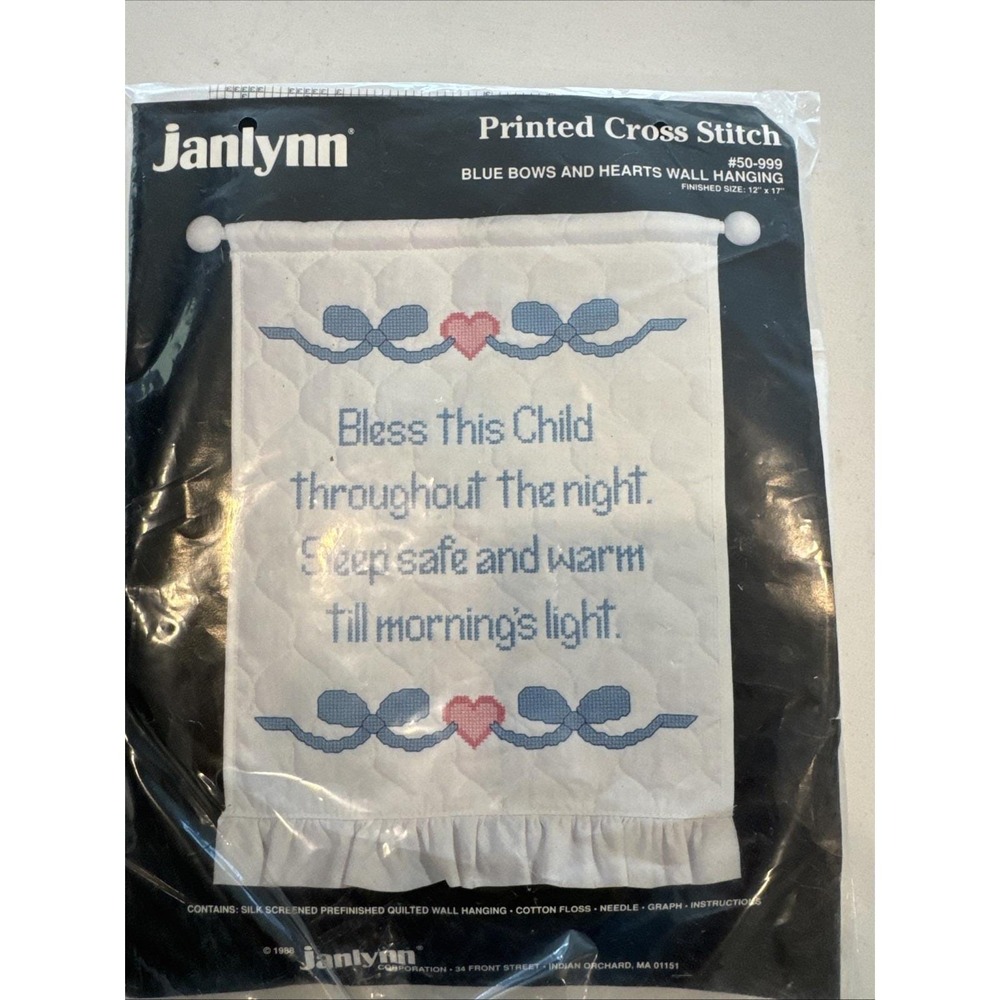 VTG Janlynn Printed Cross Stitch Kit Bows &‎ Hearts Wall Hanging Nursery Baby